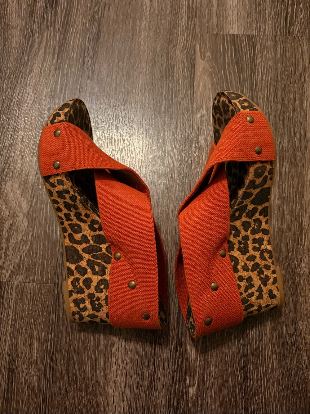 Lucky Brand Orange Canvas Leopard Wedge Sandals